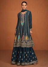 Load image into Gallery viewer, Blue Gold Embroidered Sharara Style Suit
