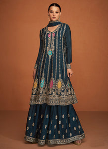 Blue Gold Embroidered Sharara Style Suit