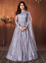Load image into Gallery viewer, Blue Grey Floral Embroidered Kalidar Anarkali Suit fashionandstylish.myshopify.com
