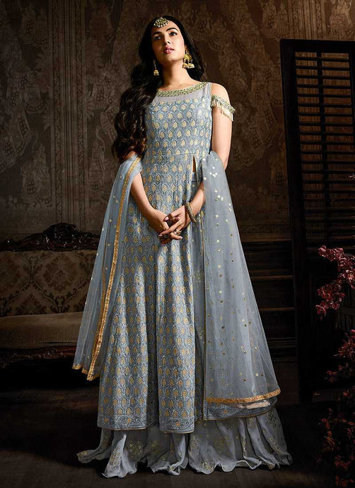 Blue Grey Slit Style Embroidered  Sharara Suit fashionandstylish.myshopify.com