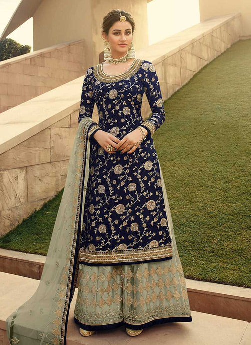 Blue Heavy Embroidered Designer Palazzo Style Suit fashionandstylish.myshopify.com