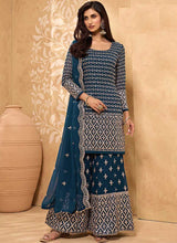 Load image into Gallery viewer, Blue Heavy Embroidered Designer Sharara Style Suit fashionandstylish.myshopify.com
