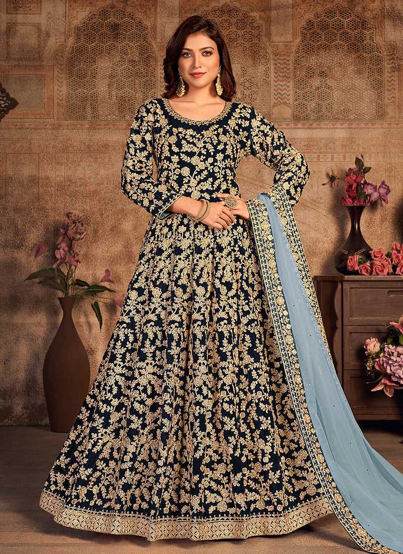 Blue Heavy Embroidered Designer Velvet Anarkali Suit fashionandstylish.myshopify.com