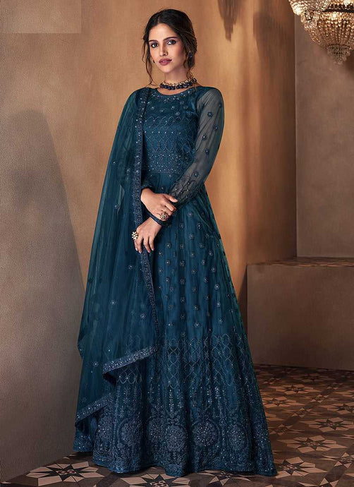 Blue Heavy Embroidered Gown Style Anarkali Suit fashionandstylish.myshopify.com