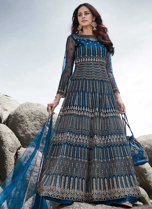 Blue Heavy Embroidered Kalidar Lehenga/ Pant Style Anarkali fashionandstylish.myshopify.com