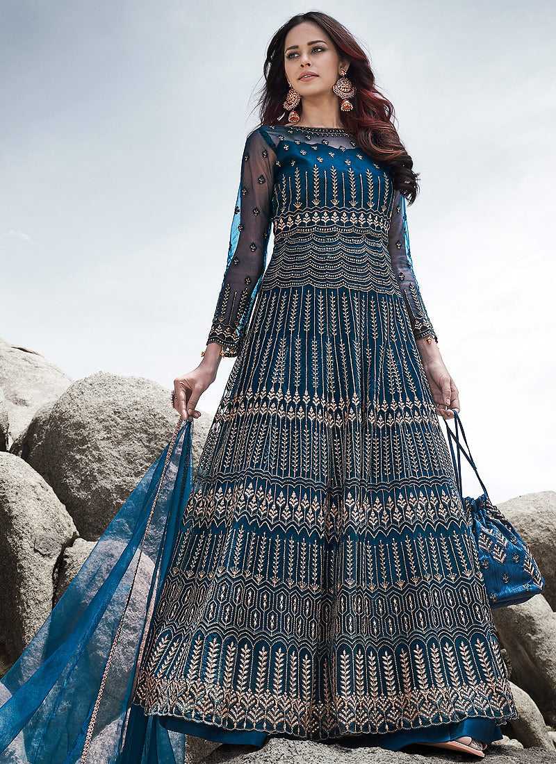 Blue Heavy Embroidered Kalidar Lehenga/ Pant Style Anarkali fashionandstylish.myshopify.com