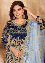Load image into Gallery viewer, Blue Heavy Embroidered Kalidar Velvet Anarkali Suit fashionandstylish.myshopify.com
