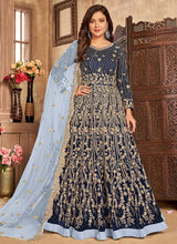 Load image into Gallery viewer, Blue Heavy Embroidered Kalidar Velvet Anarkali Suit fashionandstylish.myshopify.com
