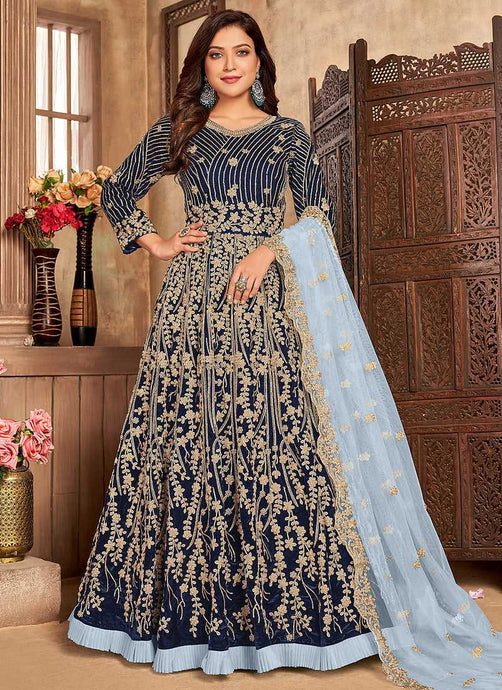 Blue Heavy Embroidered Kalidar Velvet Anarkali Suit fashionandstylish.myshopify.com