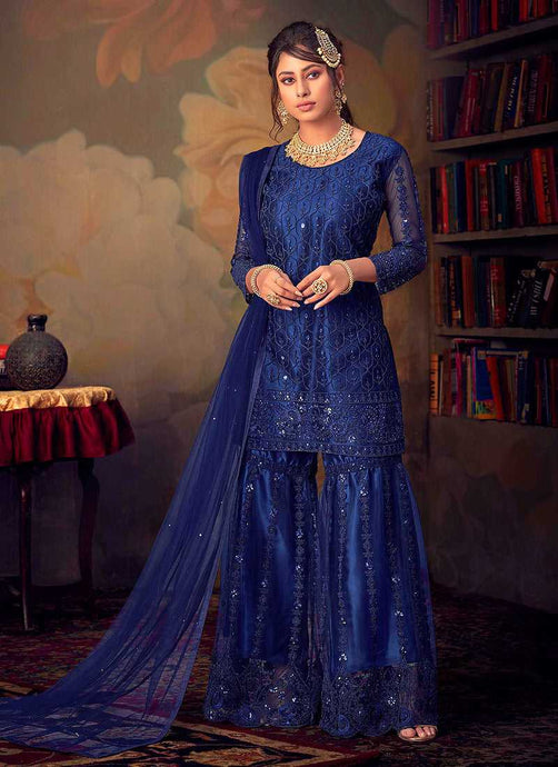 Blue Heavy Embroidered Net Sharara Style Suit fashionandstylish.myshopify.com