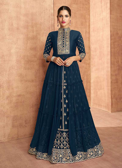 Blue Heavy Embroidered Slit Style Lehenga Anarkali fashionandstylish.myshopify.com