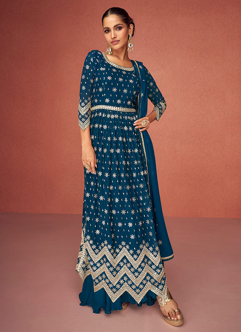 Blue Heavy Embroidered Stylish Sharara Suit