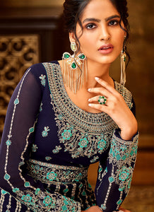Blue and Aqua Heavy Embroidered Anarkali Suit