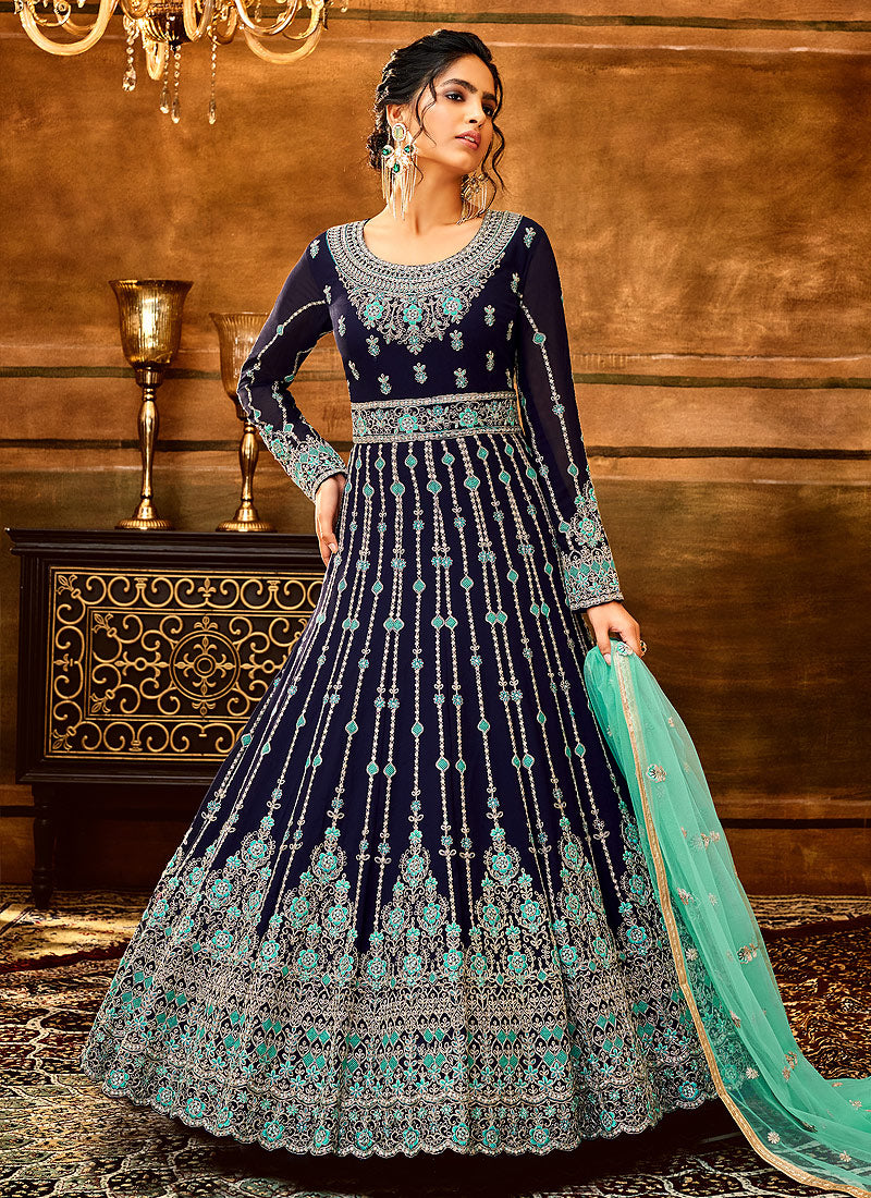 Blue and Aqua Heavy Embroidered Anarkali Suit