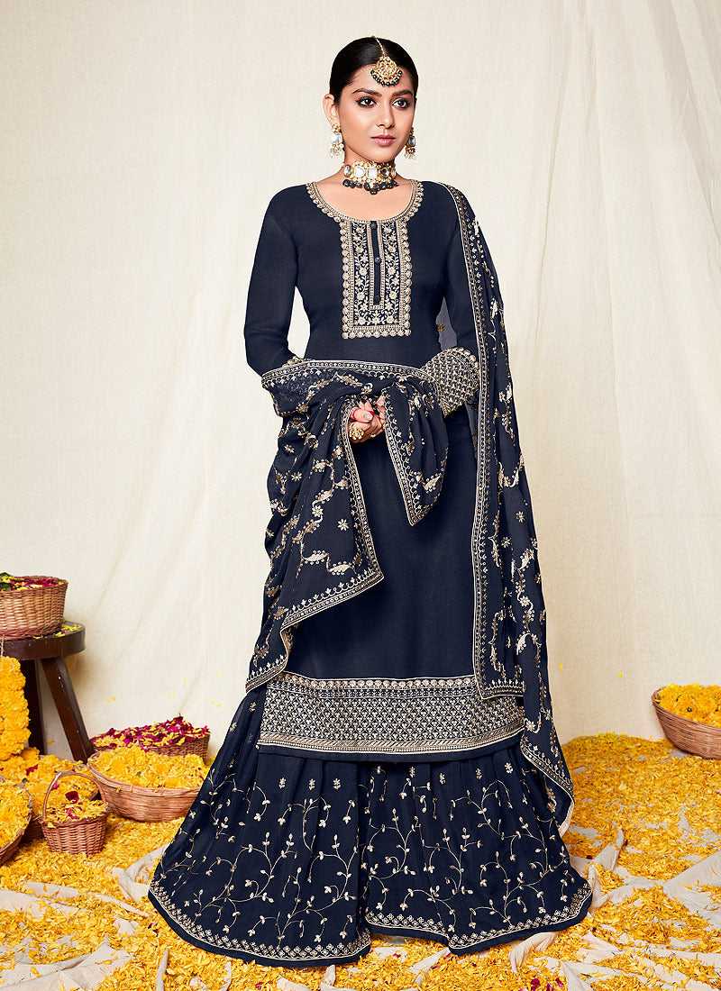 Blue and Gold Embroidered Gharara Suit fashionandstylish.myshopify.com