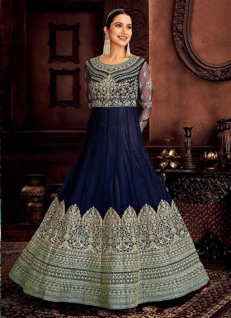 Blue and Gold Embroidered Kalidar Designer Anarkali Suit Blue / Stone / Net