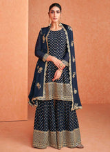 Load image into Gallery viewer, Blue and Gold Embroidered Sharara Style Suit fashionandstylish.myshopify.com
