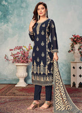 Load image into Gallery viewer, Blue and Gold Embroidered Trendy Pant Style Suit fashionandstylish.myshopify.com
