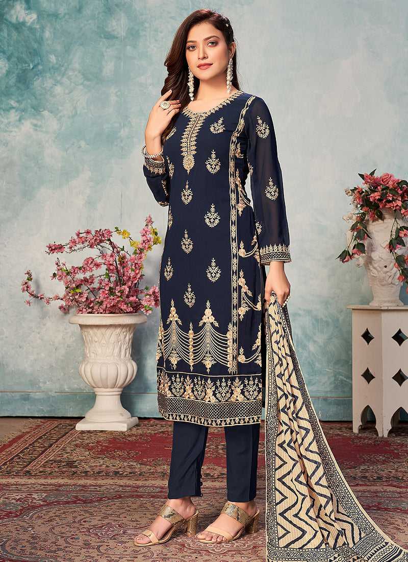 Blue and Gold Embroidered Trendy Pant Style Suit fashionandstylish.myshopify.com