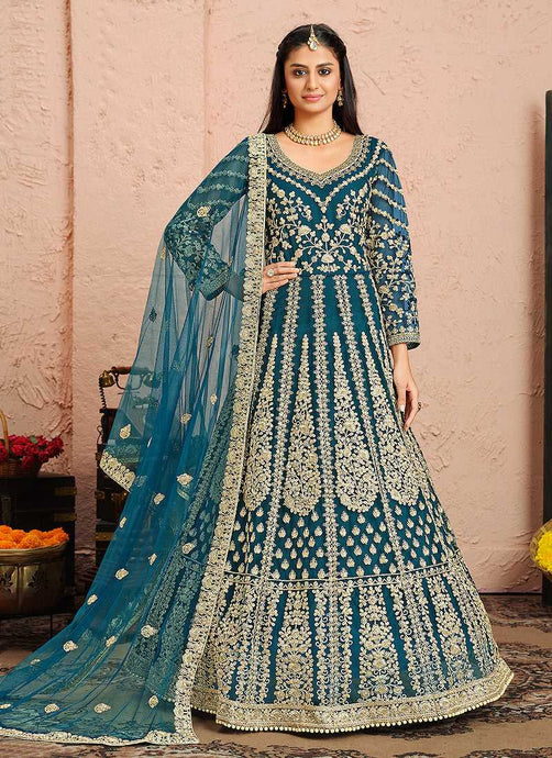 Blue and Gold Heavy Embroidered Kalidar Anarkali Suit fashionandstylish.myshopify.com