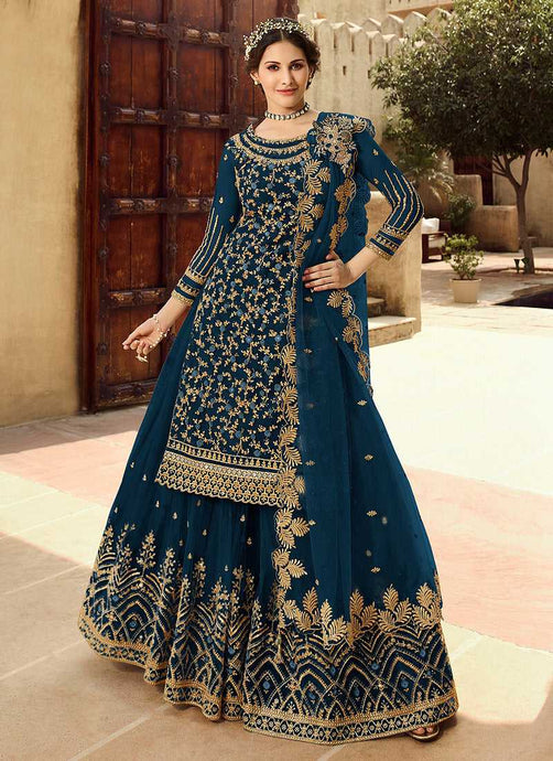 Blue and Gold Heavy Embroidered Lehenga fashionandstylish.myshopify.com