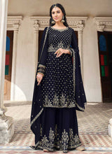 Load image into Gallery viewer, Blue and Gold Heavy Embroidered Palazzo Style Suit fashionandstylish.myshopify.com
