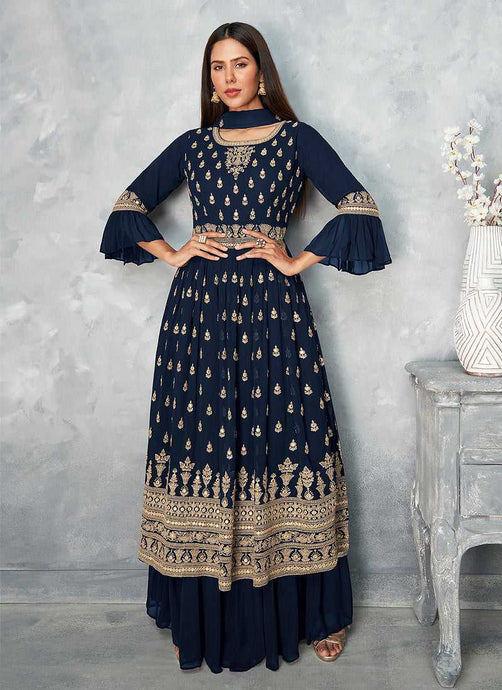 Blue and Gold Heavy Embroidered Stylish Palazzo Suit fashionandstylish.myshopify.com