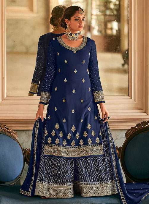 Blue and Gold Heavy Embroidered Stylish Palazzo Suit fashionandstylish.myshopify.com