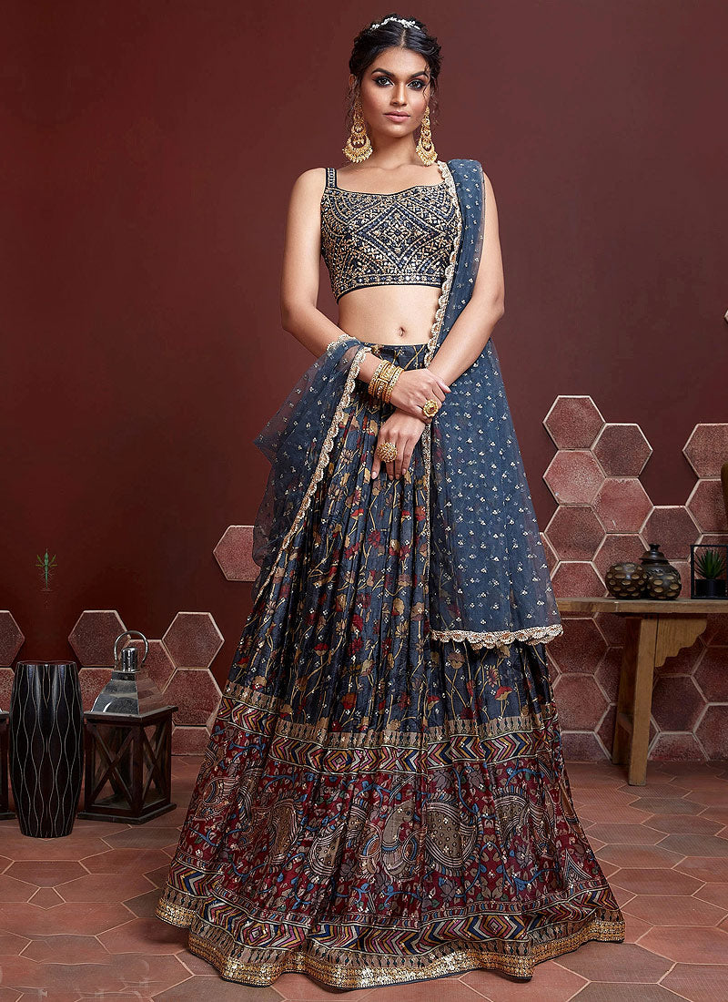 Blue and Gold Stylish Lehenga Choli [ Indian Lehenga ] Blue / Thread / Silk, image size:800x1100