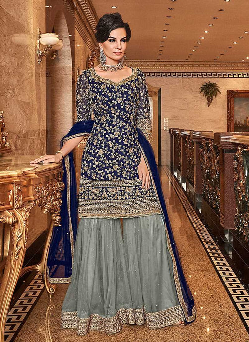 Blue and Grey Embroidered Sharara Style Suit fashionandstylish.myshopify.com