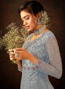 Blue and Grey Floral Embroidered Kalidar Anarkali fashionandstylish.myshopify.com