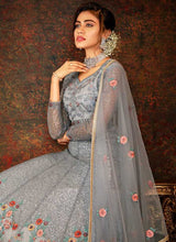 Load image into Gallery viewer, Blue and Grey Floral Embroidered Kalidar Anarkali fashionandstylish.myshopify.com
