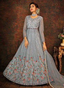 Blue and Grey Floral Embroidered Kalidar Anarkali fashionandstylish.myshopify.com