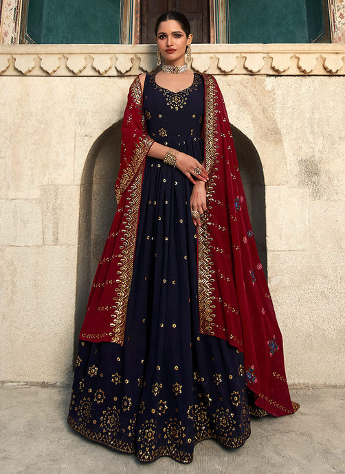 Blue and Maroon Sequin Embroidered Anarkali