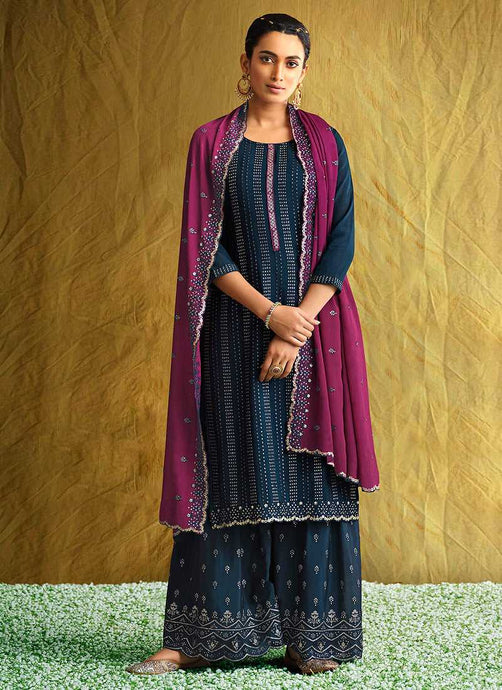 Blue and Pink Embroidered Stylish Palazzo Style Suit fashionandstylish.myshopify.com