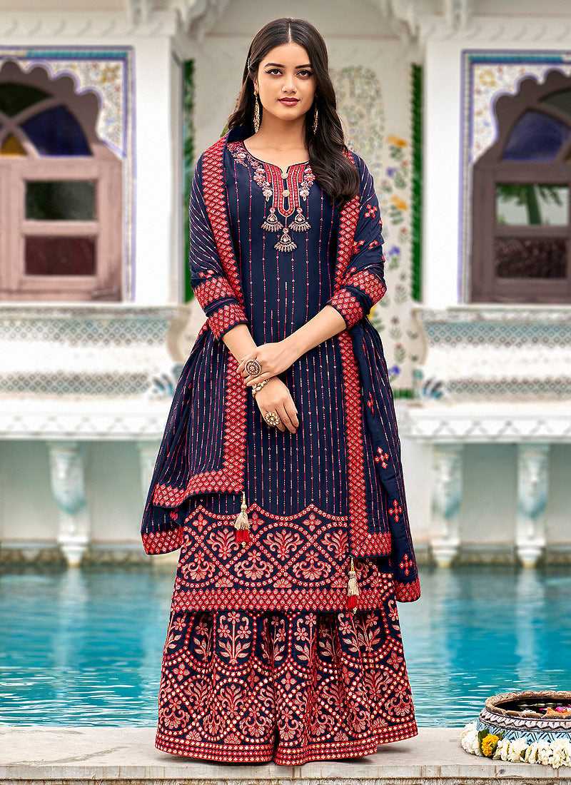 Blue and Red Heavy Embroidered Palazzo Style Suit fashionandstylish.myshopify.com