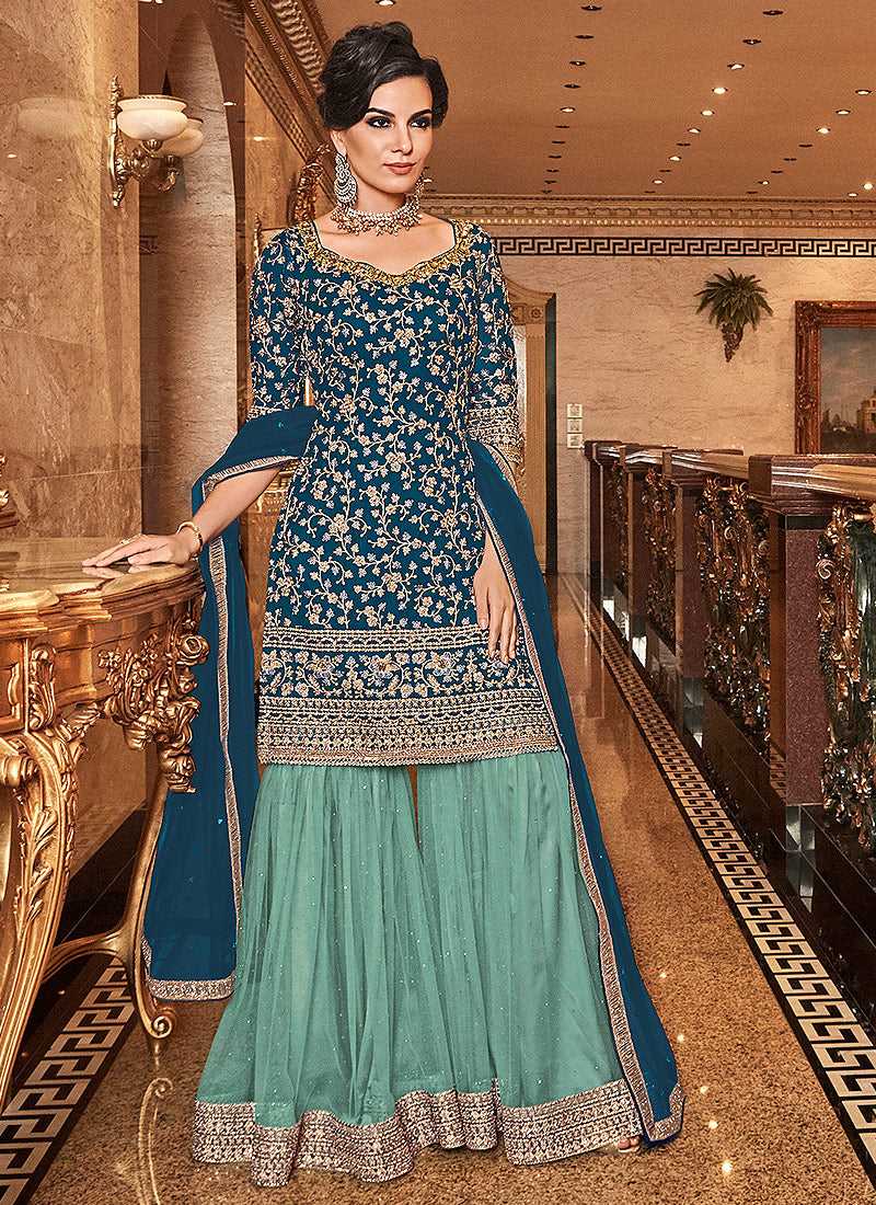 Blue and Sea Green Embroidered Sharara Style Suit fashionandstylish.myshopify.com