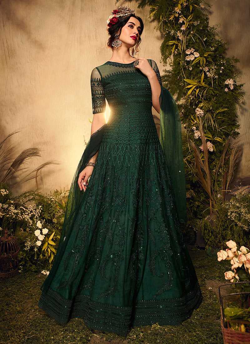 slim fit dress slacks Premium Bottle Green Anarkali Suit Set with Dupatta – Jaipur Kurta main image 0