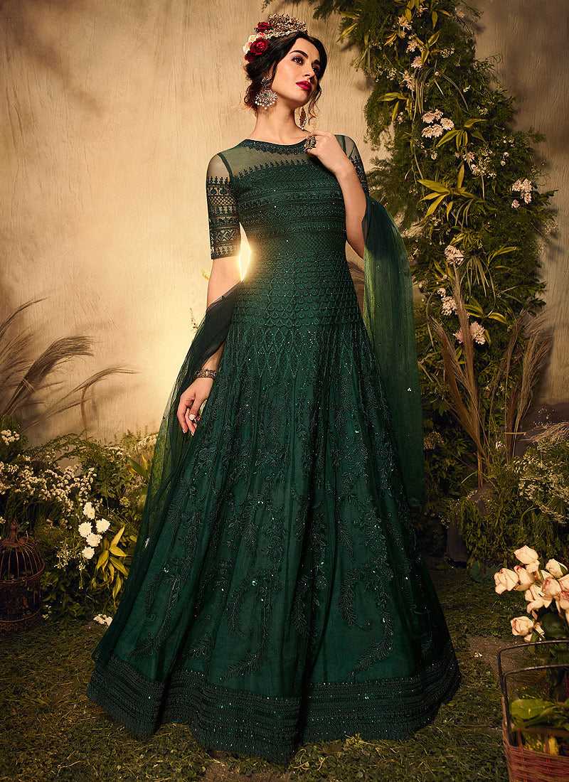 Bottle Green Heavy Embroidered Gown Style Anarkali Suit fashionandstylish.myshopify.com