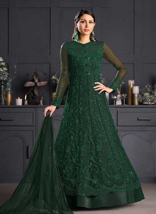 Bottle Green Heavy Floral Embroidered Kalidar Gown Style Anarkali fashionandstylish.myshopify.com