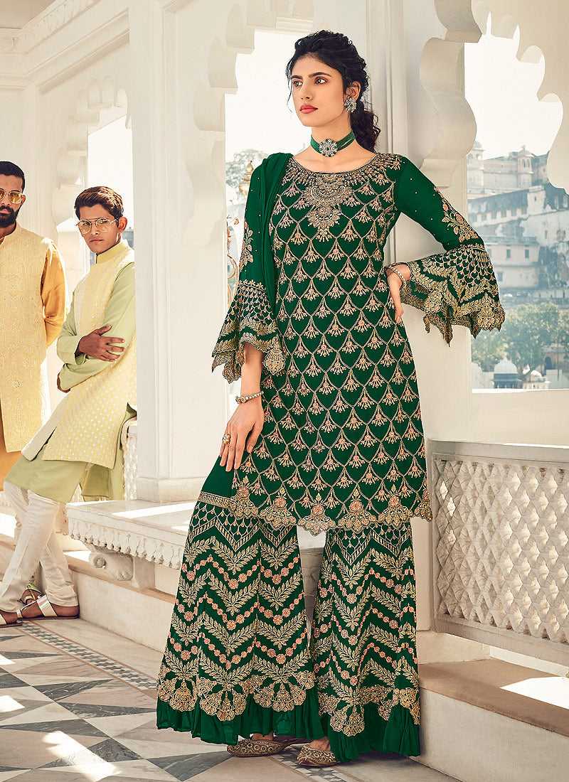 Bottle Green and Gold Embroidered Sharara Style Suit fashionandstylish.myshopify.com