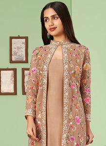 Brown Embroidered Jacket Style Pant Suit