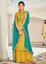 Load image into Gallery viewer, Butter Yellow and Blue Embroidered Sharara Style Suit fashionandstylish.myshopify.com
