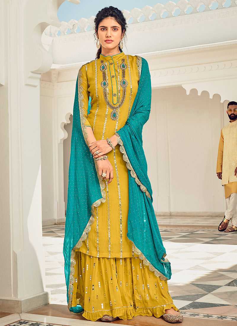 Butter Yellow and Blue Embroidered Sharara Style Suit fashionandstylish.myshopify.com