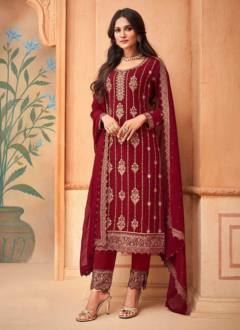 Cherry Red Embroidered Straight Pant Style Suit fashionandstylish.myshopify.com