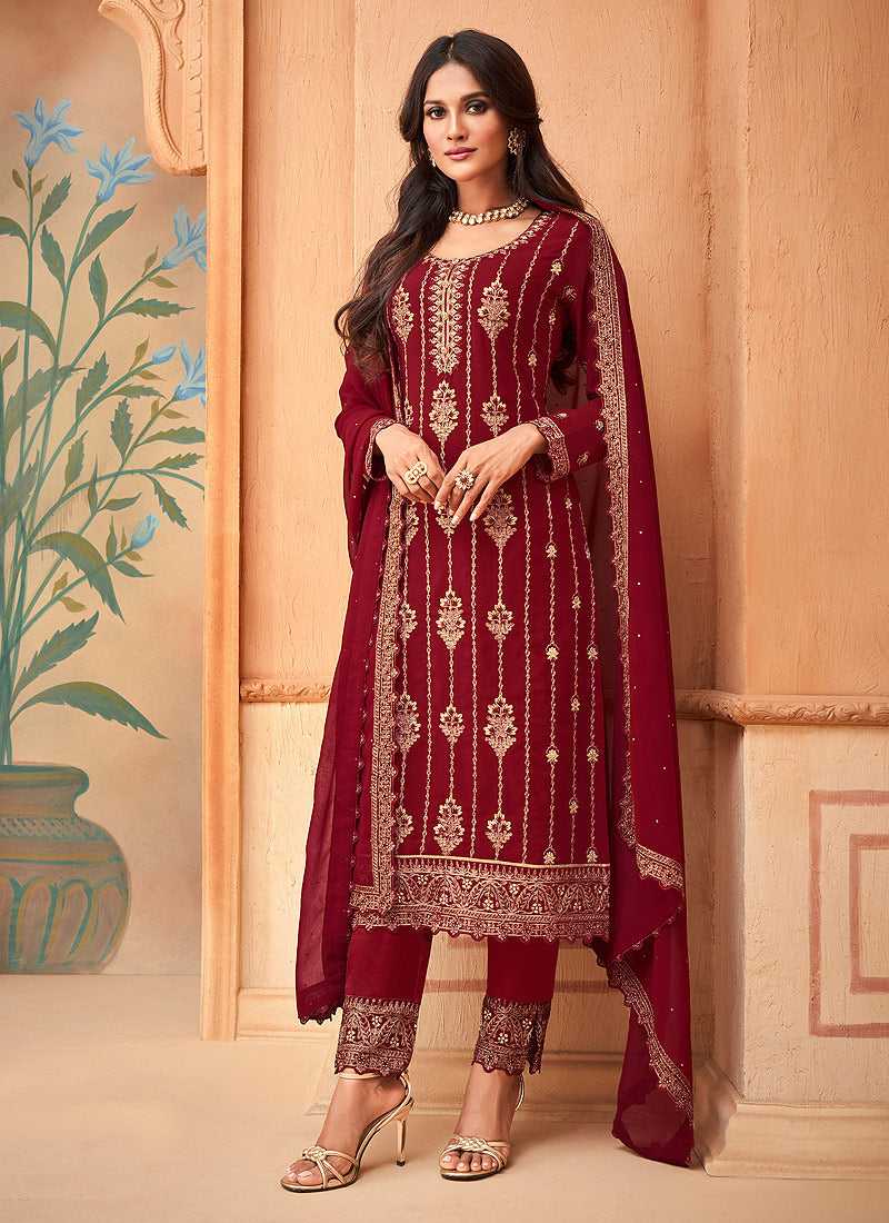 Cherry Red Embroidered Straight Pant Style Suit