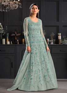 Coral Blue Heavy Embroidered Kalidar Gown Style Anarkali fashionandstylish.myshopify.com