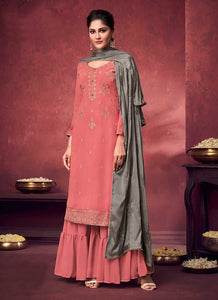 Coral Pink and Grey Embroidered Sharara Style Suit fashionandstylish.myshopify.com