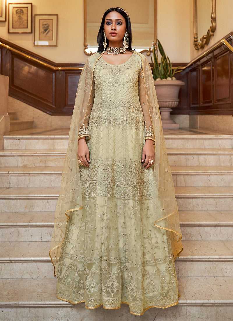 FashionandStylish Cream Floral Designer Embroidered Kalidar Anarkali India Clothing Cream Zari Net