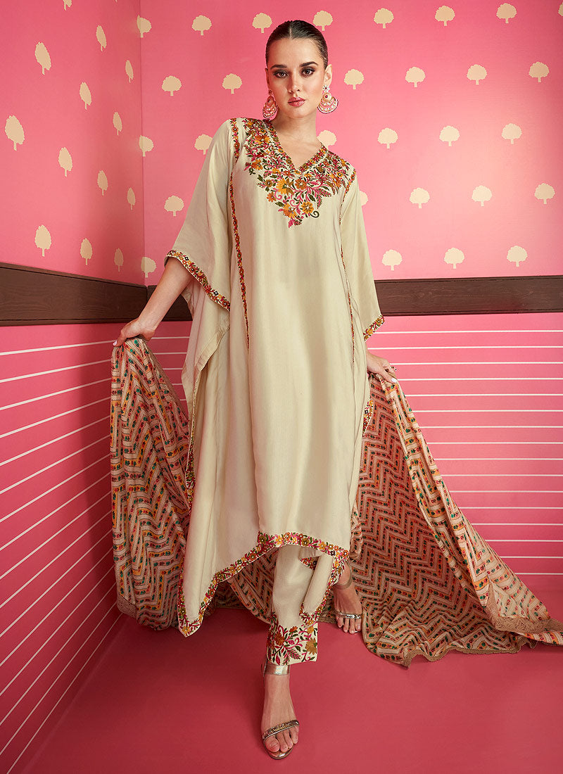 Cream Floral Embroidered Kaftan Style Suit